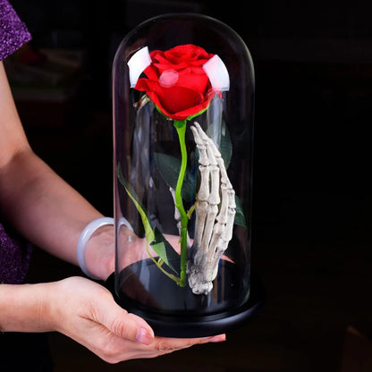 Red eternal rose with LED lights, glass dome, romantic gift for her