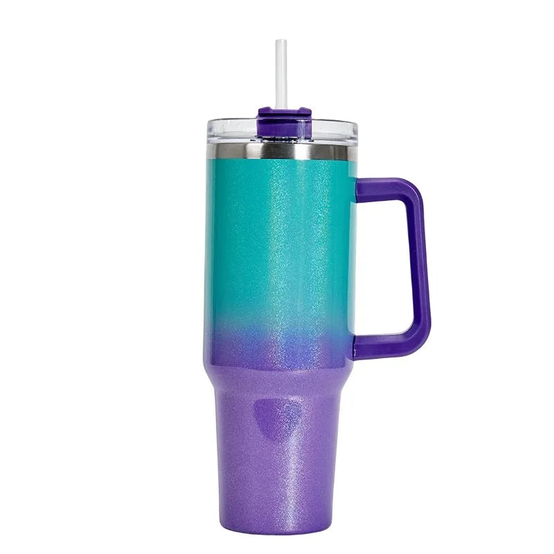 DUTRIEUX 40oz insulated tumbler, rainbow glitter, handle and straw, side view highlighting handle.