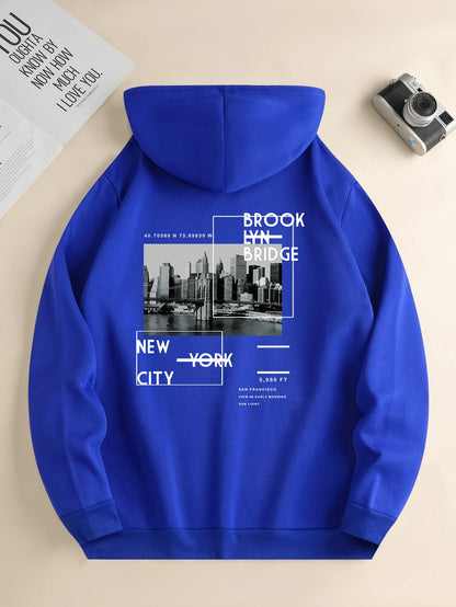 Side view, men's city print hoodie, stylish casual wear.