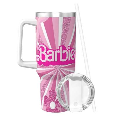 MINISO 40 oz Stainless Steel Tumbler, Barbie Design, Pink, Handle, Straw, Insulated