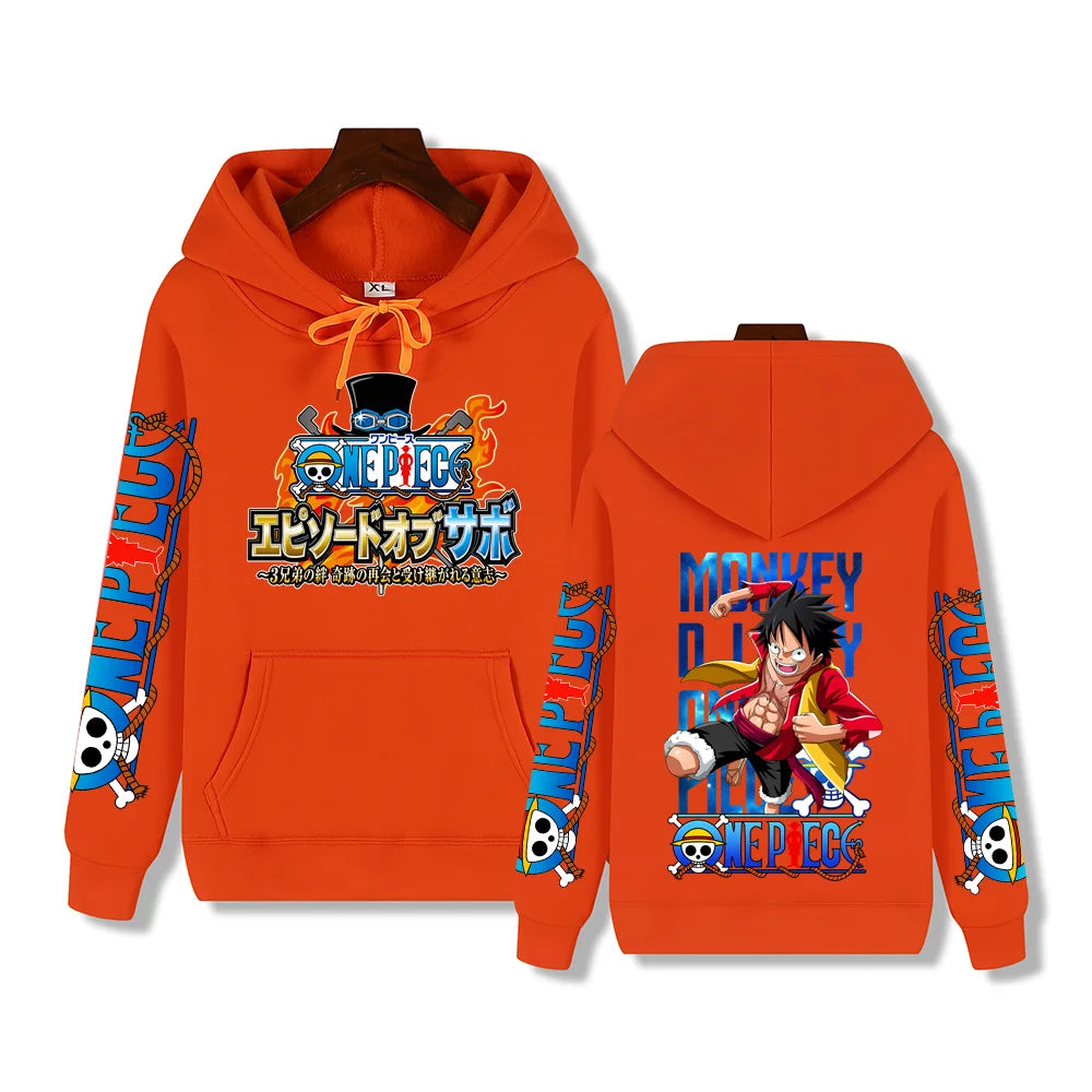 Luffy One Piece hoodie, men's, black, close-up, front view, winter.