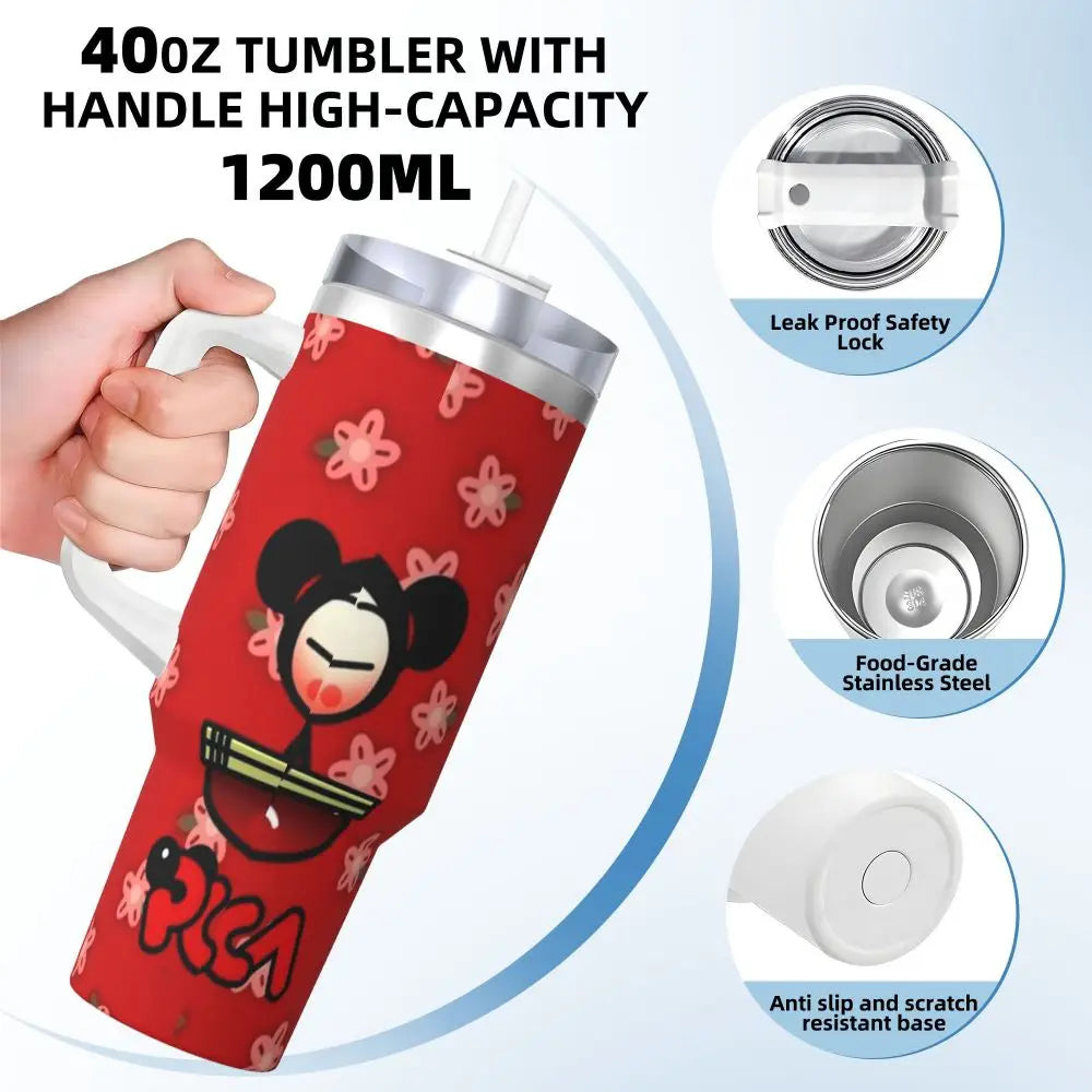 Blue Pucca 40oz insulated tumbler; stainless steel with handle and straw.