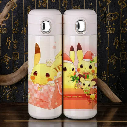 Pokemon Pikachu thermos, close-up of Pikachu's smiling face.