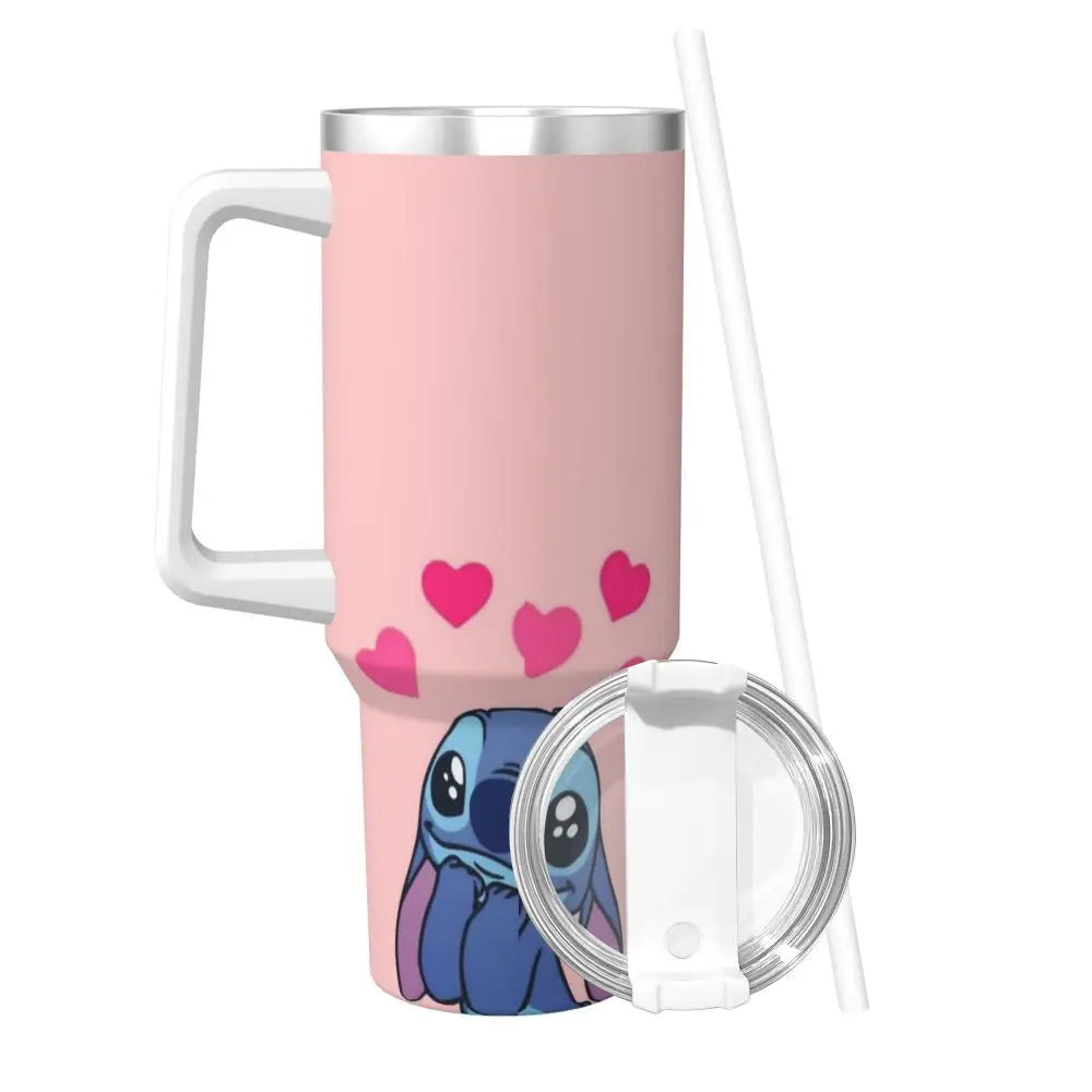 MINISO Disney Stitch tumbler, 40oz capacity, insulated, featuring straw and handle, angled view.