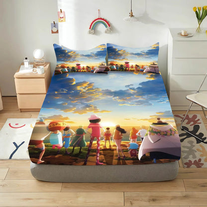 Full-size One Piece Luffy sheet set, vibrant print on a white background, ideal for kids' bedrooms.