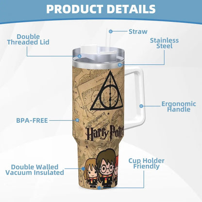 Harry Potter Deathly Hallows Tumbler - Close-up of Laser-Etched Design Detail. (Highlights the specific design and the quality of the etching)