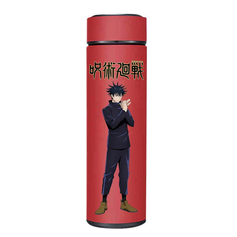 Jujutsu Kaisen thermos, close-up on Gojo, Nobara, and Yuji artwork.