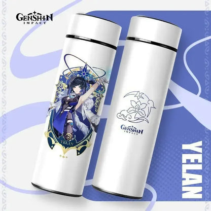 Genshin Impact Thermos, 500ml, Stainless Steel, Temperature Display, Blue.