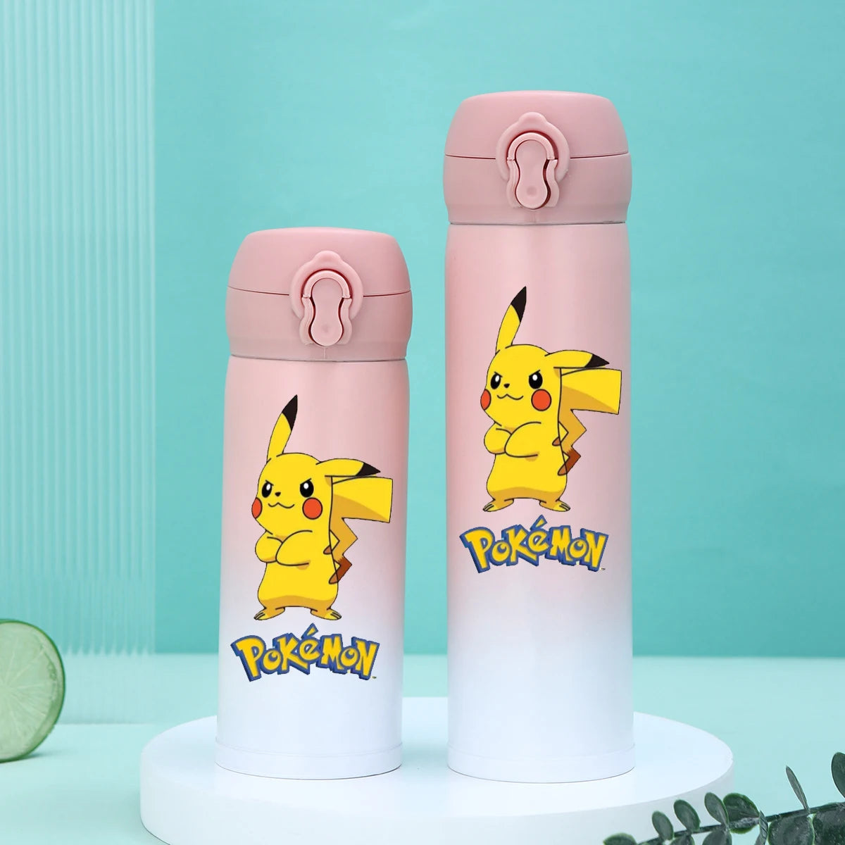 Pokemon thermos, blue to pink gradient, stainless steel.