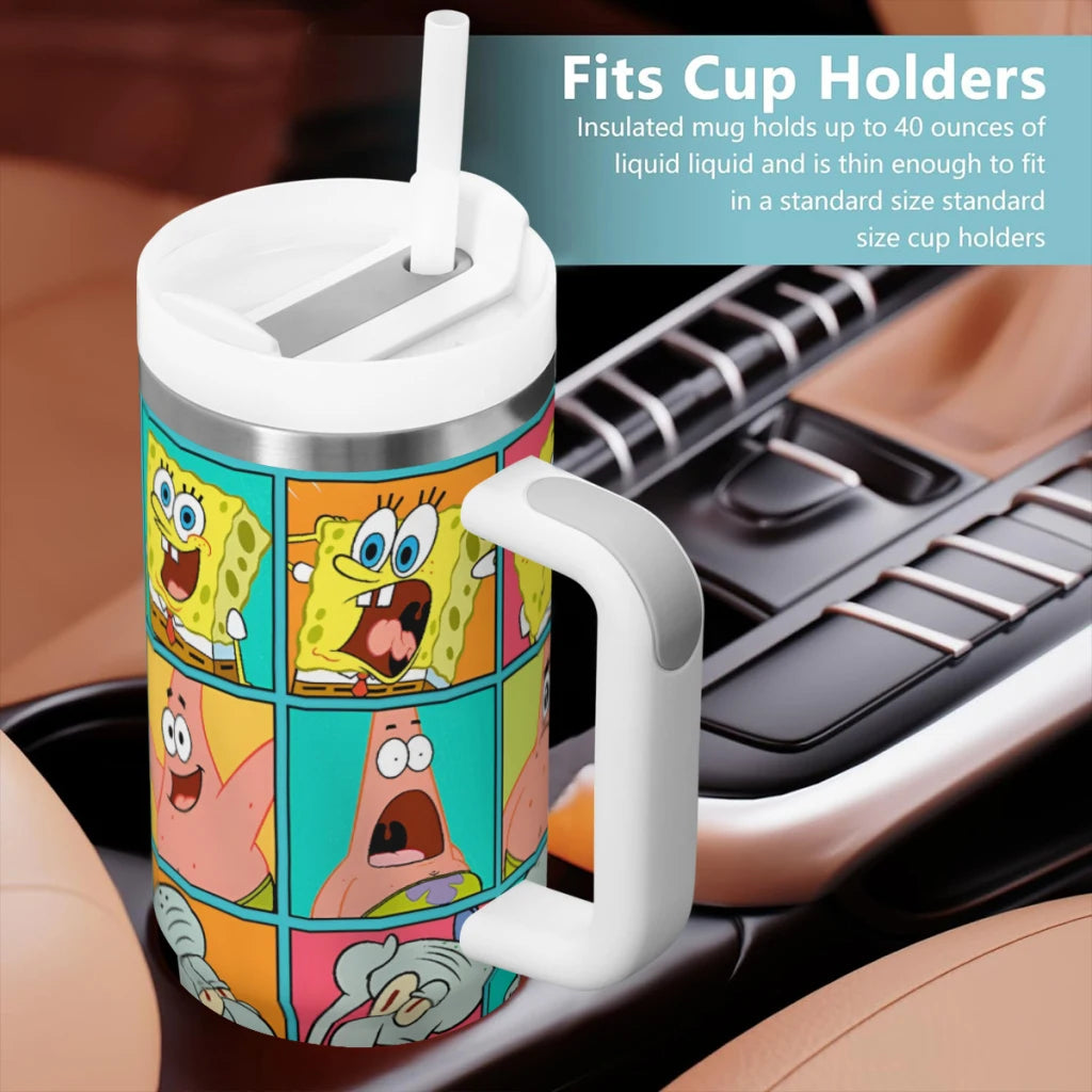 40 oz SpongeBob SquarePants tumbler, stainless steel, with handle, straw, close-up.