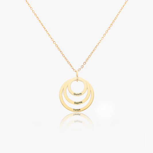 Interlocking circle necklace in sterling silver, displayed on a model.