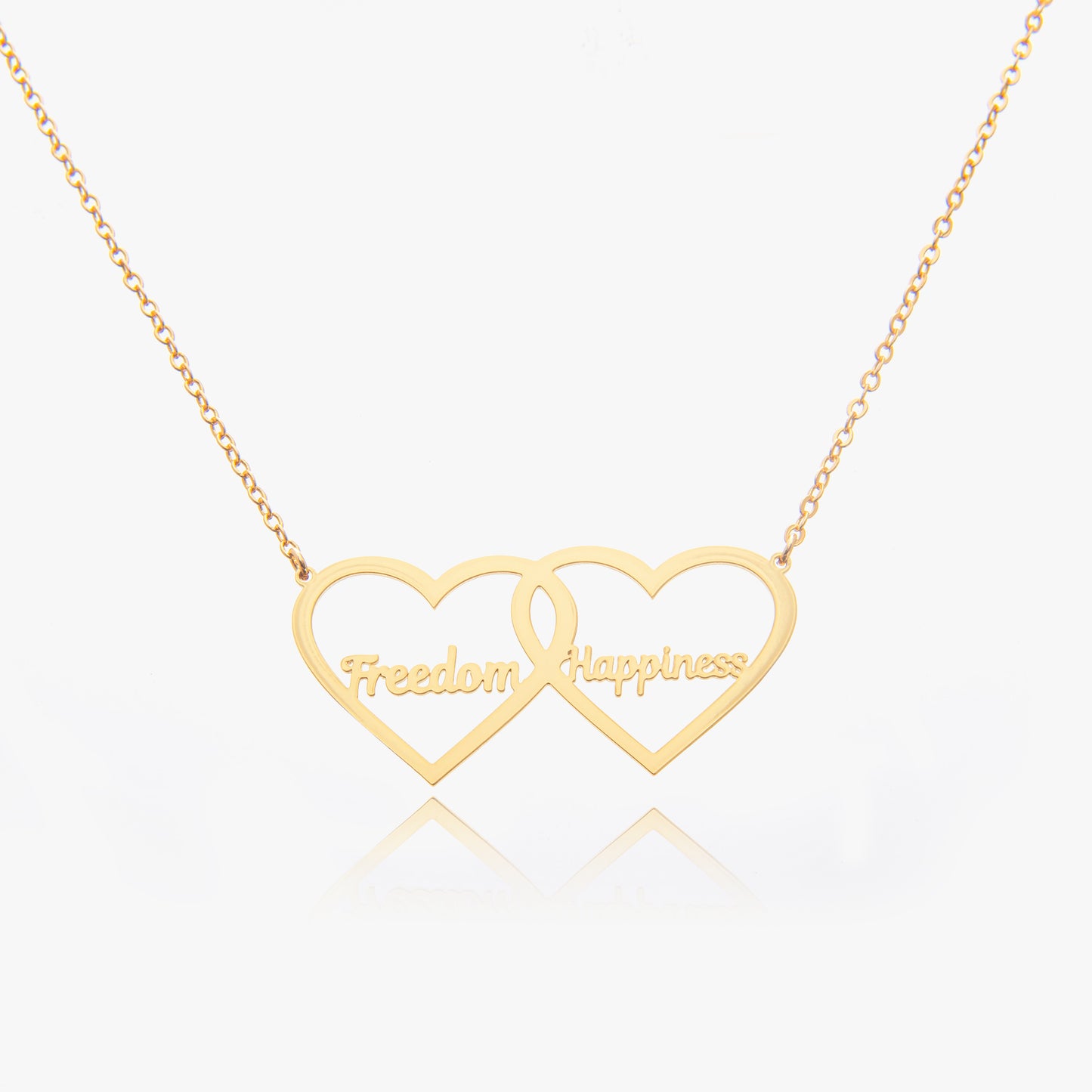 Personalized Double Heart Name Necklace in Sterling Silver, showcasing two engraved names.