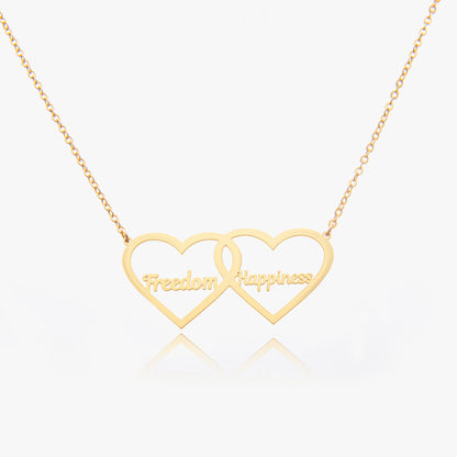 Personalized Double Heart Name Necklace in Sterling Silver, showcasing two engraved names.