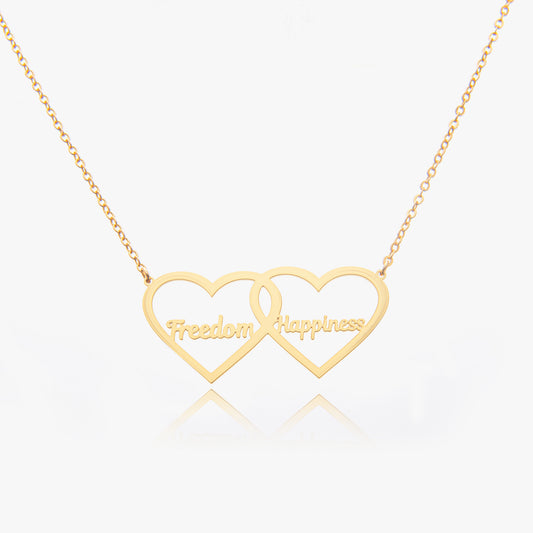 Personalized Double Heart Name Necklace in Sterling Silver, showcasing two engraved names.