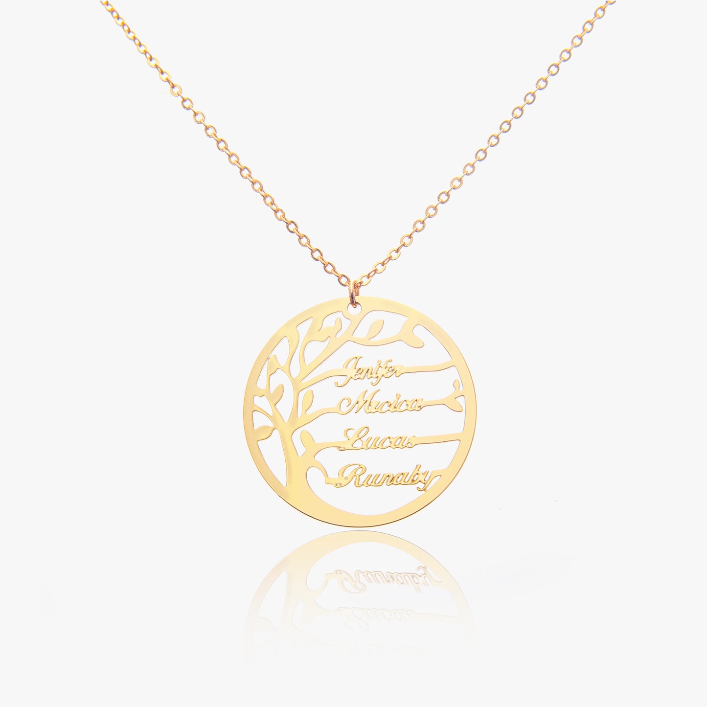 Personalized Family Tree Necklace crafted in sterling silver, copper, or stainless steel. Showcases a delicate tree pendant design.