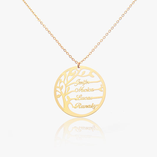 Personalized Family Tree Necklace crafted in sterling silver, copper, or stainless steel. Showcases a delicate tree pendant design.